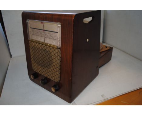 Record player/Radio, HMV wooden cased front radio with folding record player that extends from back Model 1508 Serial No 2272