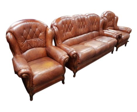 LEATHER SOFA AND 2 CHAIRS 