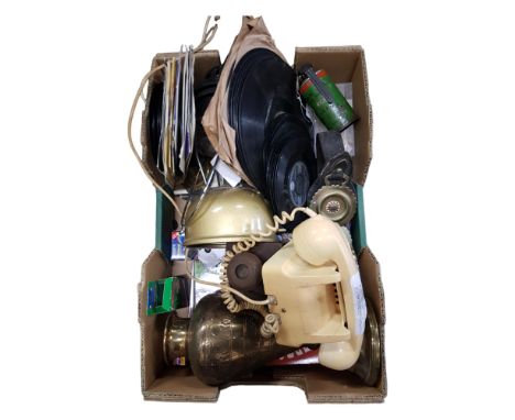 BOX LOT TO INCLUDE TILLY LAMP AND TELEPHONES ETC