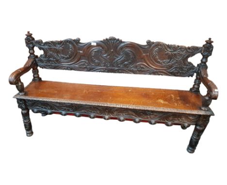 ANTIQUE CARVED OAK HALL BENCH 