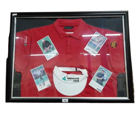 FRAMED GOLF SHIRT AND CAP WITH SIGNED PHOTOGRAPHS - THE SHIRT AND CAP ARE ACTUALLY DARREN CLARKE'S OFFICIAL SPONSOR GREATS WH