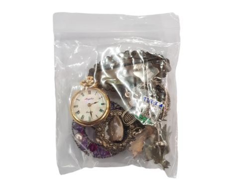 QUANTITY OF VINTAGE BROOCHES, SILVER DRAGON BROOCH AND FOB WATCHES 