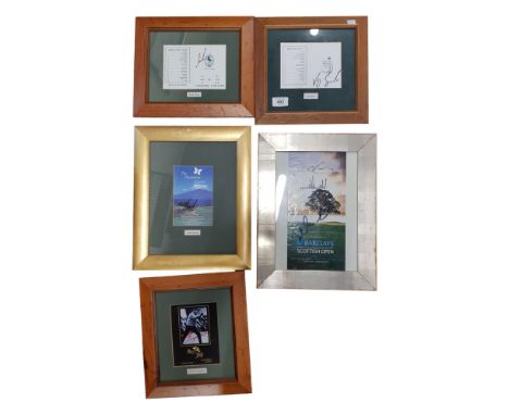 5 FRAMED GOLF MEMORABILIA WITH SIGNATURES - VIJAY SINGH, NICK PRICE, CHAD CAMPBELL, STUART APPLEBY