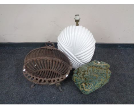 A Victorian cast iron fire basket together with a box containing ceramic table lamp and stool 