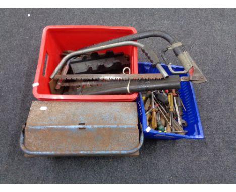 Two crates containing hand tools, spirit levels, together with a metal concertina tool box   