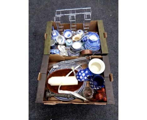 Two boxes containing blue and white porcelain, pricket candlestick, circular barometer, kitchenalia etc.    