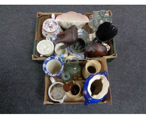 Two boxes containing 20th century pressed glassware, cloisonne bowl, maling lustre bowl, Nao figure of a girl etc.   