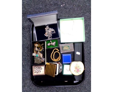 A tray containing a collection of silver and costume jewellery, compact, lady's wristwatch, cameo brooch etc.  