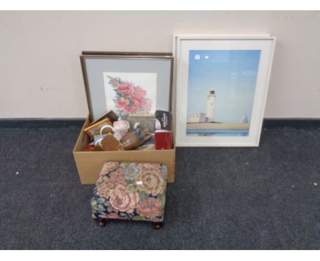 A box containing cased cutlery, ceramic wall clock, foot stool, framed pictures and prints etc.   