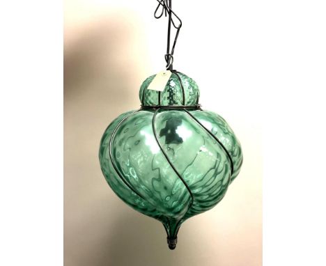 A Marston &amp; Langinger ornate green glass and metal-mounted "Teardrop" light fitting, height 48 cm. 
