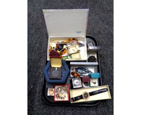 A tray containing costume jewellery, simulated amber jewellery, lady's wristwatch, silver Saint Christopher pendant on chain 