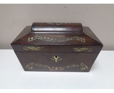 A Victorian rosewood mother of pearl inlaid tea caddy