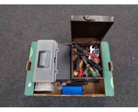A box of toolboxes containing various hand tools.  