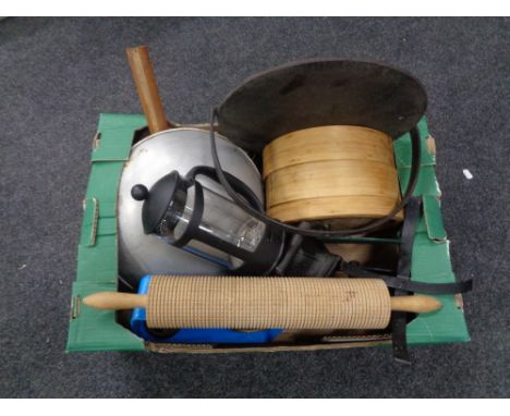 A box containing kitchenalia including rolling pin, graduated box, scales etc.  