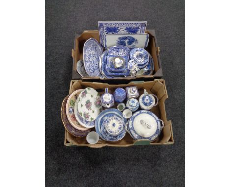 Two boxes containing a large quantity of blue and white porcelain meat plates, Ringtons lidded caddy, soup tureen etc.   