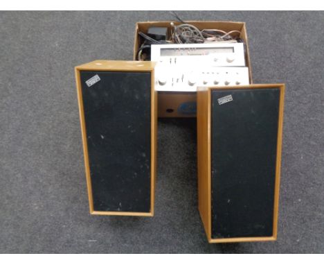 A box containing Rotel AM/FM stereo tuner, RT-324 together with Rotel integrated stereo amplifier RA-412 together with a pair