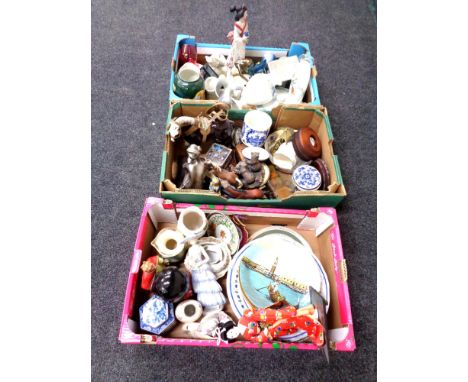 Three boxes containing 20th century porcelain, collector's plates, china shire horse, glassware etc. 
