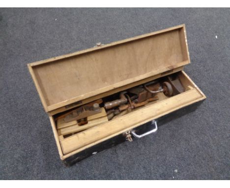 A joiner's toolbox containing vintage hand tools, woodworking planes, brace etc, together with a plastic box containing furth