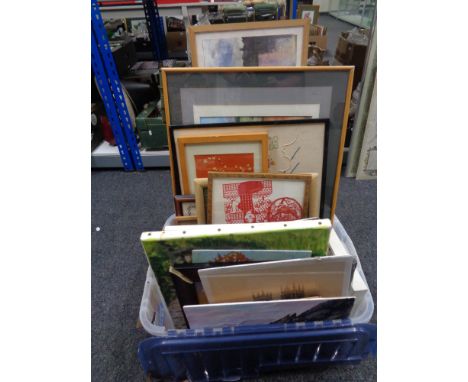 A box of 20th century pictures and prints, unframed oil on board seascape etc 