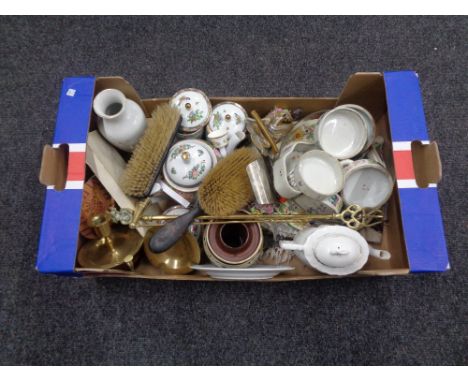 A box containing Chinese export porcelain, brass toasting fork, candle snuffer, dressing table brushes etc.  