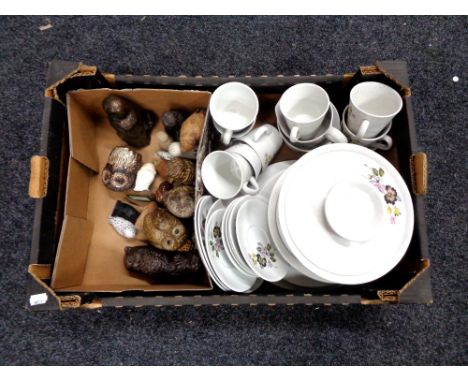 A box containing a quantity of Crown Clarence ironstone dinnerware, ceramic owl ornaments.  