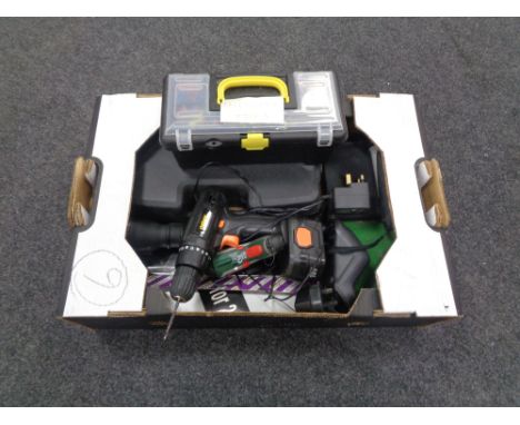 A box containing cased Xtreme 250W multi tool, electric hand drills by Bosch, Challenge hand torch, small toolbox of hand too