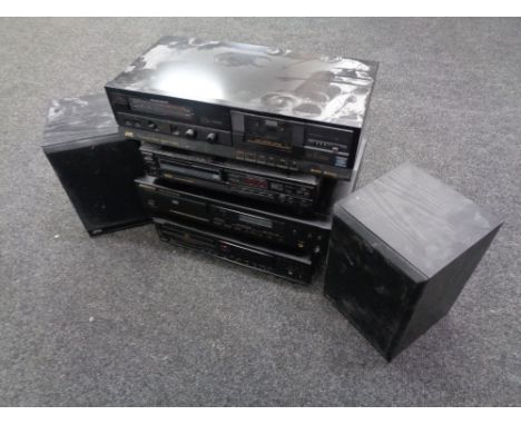 A box containing Sansui compact disc player, Toshiba compact disc player model XR-9318, JVC stereo cassette deck etc, togethe