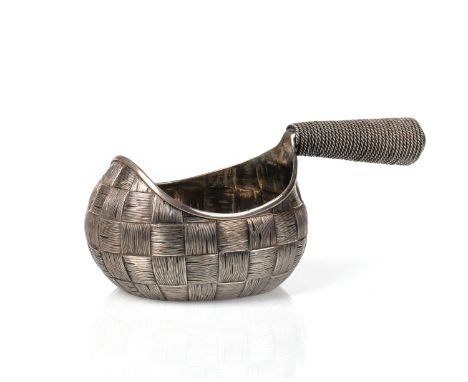 A RUSSIAN SILVER TROMPE L'OEIL KOVSH, ST. PETERSBURG, 1892 modelled as a bast basket, the handle resembling a coiled rope, wi