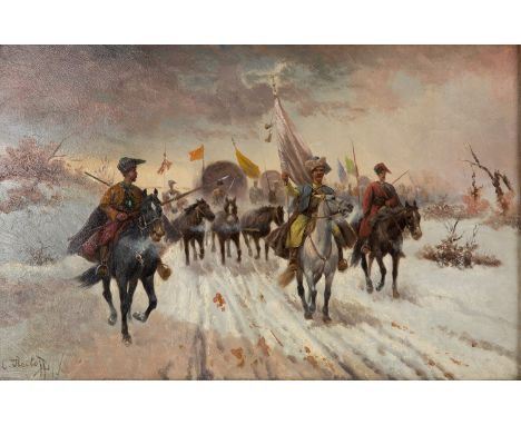 CONSTANTIN STOILOFF (RUSSIAN 1850-1924) Procession of Black Sea Cossacks ,  oil on panel 31 x 47 cm (12 1/4 x 18 1/2 in.)  si