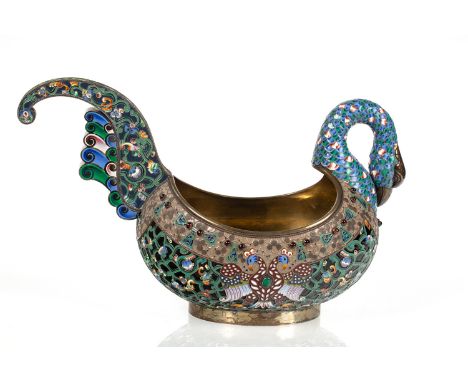 A LARGE RUSSIAN FABERGE-STYLE SILVER AND SHADED CLOISONNE ENAMEL KOVSH AFTER FYODOR RUKHERT, LATE 20TH CENTURY of bombe, form