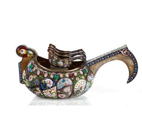 A RUSSIAN FABERGE-STYLE SILVER AND SHADED CLOISONNE ENAMEL FIVE-PIECE KOVSH SET, LATE 20TH CENTURY comprising a large kovsh a