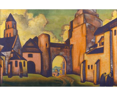 NIKOLAI ROERICH (RUSSIAN 1874-1947) Secrets of the Walls, 1920 tempera and pastel on canvas 50.5 x 76 cm (19 7/8 x 30 in.) mo