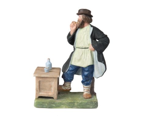 A RUSSIAN PORCELAIN FIGURE OF A PEASANT WITH A PIPE, GARDNER PORCELAIN FACTORY, MOSCOW, 1870-1890S realistically modeled, the