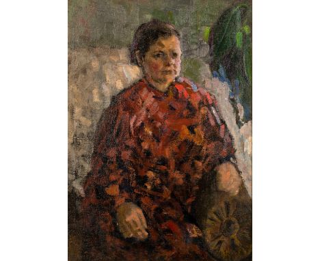 20TH CENTURY RUSSIAN ARTIST Portrait of Woman in Red Shawl,  oil on canvas 66.3 x 47 cm (26 1/8 x 18 1/2 in.)    