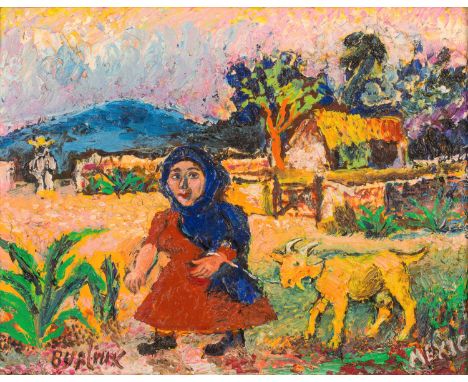 DAVID BURLIUK (RUSSIAN 1882-1967) Woman with Goat,  oil on panel 19 x 25 cm (7 1/2 x 9 7/8 in.) signed lower left, inscribed 
