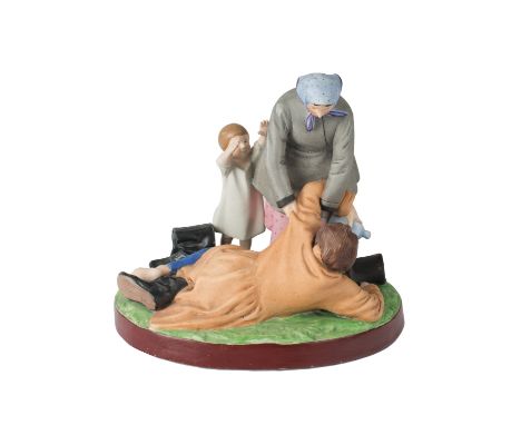 RUSSIAN PORCELAIN FIGURAL GROUP OF A PEASANT WOMAN PICKING UP HER DRUNKARD HUSBAND, GARDNER PORCELAIN FACTORY, MOSCOW, LATE 1