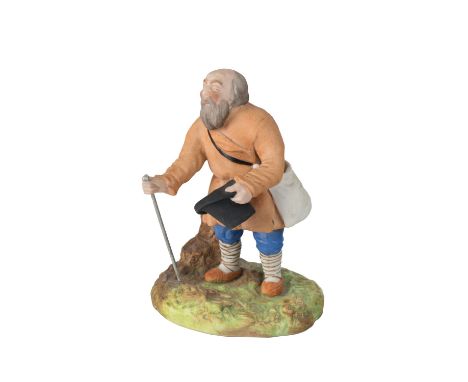 A RUSSIAN PORCELAIN FIGURE OF A BLIND BEGGAR, GARDNER PORCELAIN FACTORY, MOSCOW, LATE 19TH CENTURY realistically modelled, th