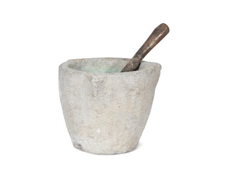A LARGE STONE MORTAR AND PESTLEthe pestle with pine handle and stone grinder. 22cm high, 27cm diameter