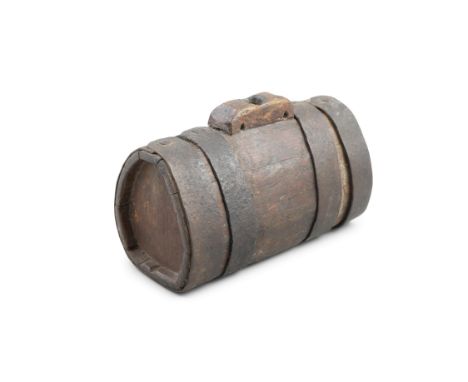 AN OAKWOOD 'COSTREL' FLASK, EARLY 19TH CENTURYwith panelled oak wood drum and iron strapwork surround, 14cm high x 23cm wide