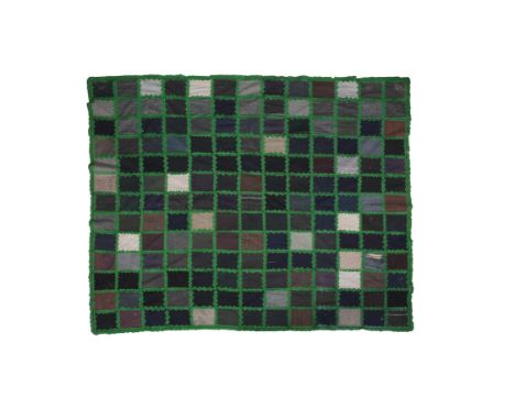 A GREEN FABRIC PATCH IRISH TWEED AND FELT QUILT180cm high, 215cm wide