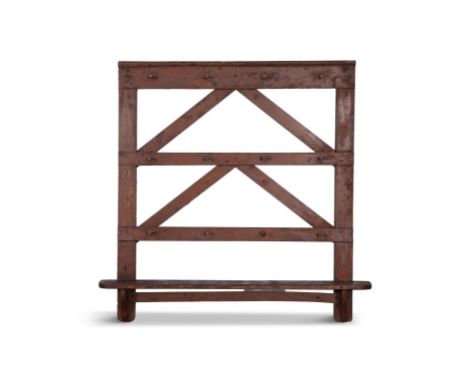 A 19TH CENTURY PINE HANGING 'MUG RACK'hand-forged iron and brass hooks with shaped bracket shelf. 108cm high, 111cm wide, 12.