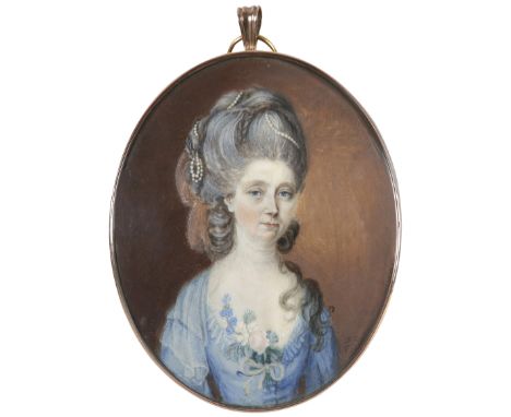 λAttributed to Daniel Dodd (act.1761-1780) Portrait miniature of a lady wearing a blue dress, and pearls in her powdered hair