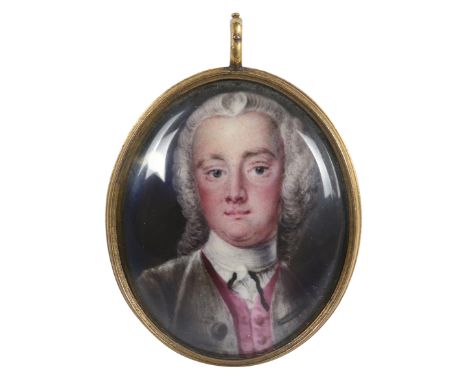 Attributed to Abraham Seaman (act. c.1724-1753)Portrait miniature of a gentleman wearing a grey coat, pink waistcoat and powd