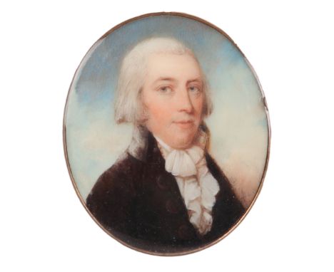λThomas H. Hull (act.1775-1827)Portrait miniature of a gentleman wearing a black coat and white cravat Oval, in a gilt metal 