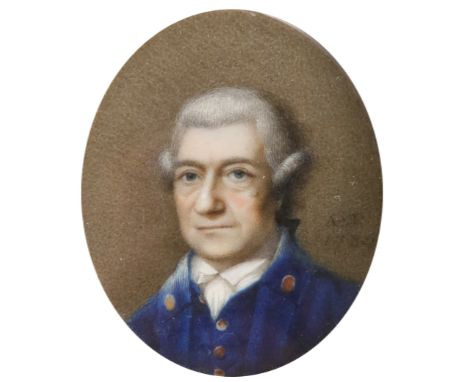 λAndrew Plimer (1763-1837)Portrait miniature of a gentleman wearing a blue coat and powdered wig Signed and dated AP/1785 (ce