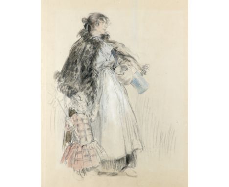 Follower of William Orpen Portrait of a lady, traditionally identified as Ida John, and a child Charcoal and watercolour 43.7