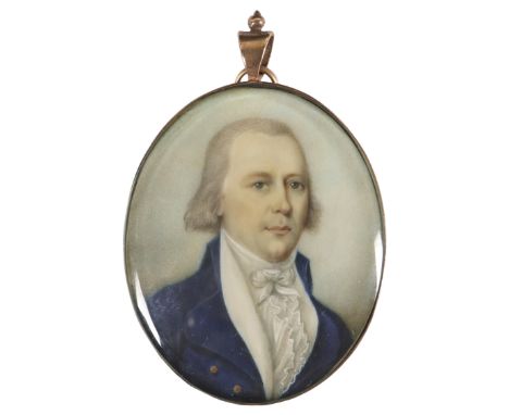 λThomas H. Hull (act.1775-1827) Portrait miniature of a gentleman in a blue coat and white waistcoat Oval, in a gilt metal fr