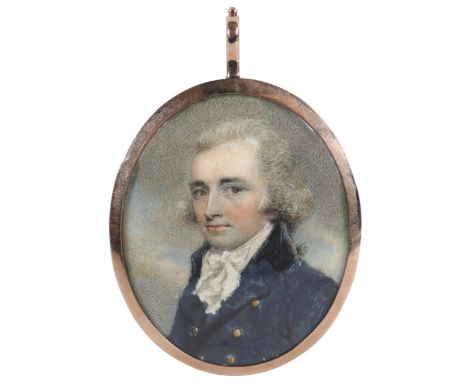λFollower of Richard Cosway Portrait miniature of a gentleman wearing a blue coat, white stock and with powdered hair Oval, i