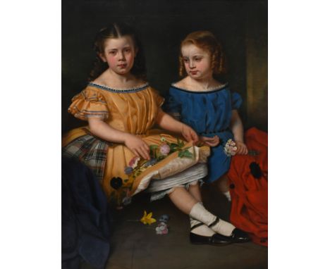 Hugh Collins (Scottish c.1834-1896) Portrait of two sisters seated in an Edinburgh interior, holding flowers Signed and dated