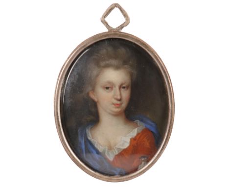 λEnglish School Early 18th Century Portrait miniature of a lady in a brown dress and blue cloak Oval, in a white metal frame 